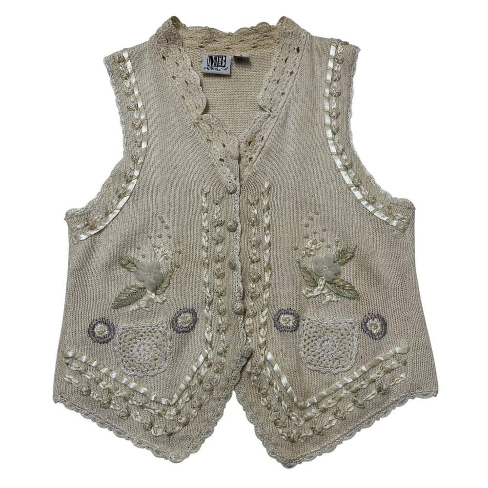 Vintage Mixed Blues Y2K Sweater Vest Womens M Ivory Beaded‎ Floral Cottagecore